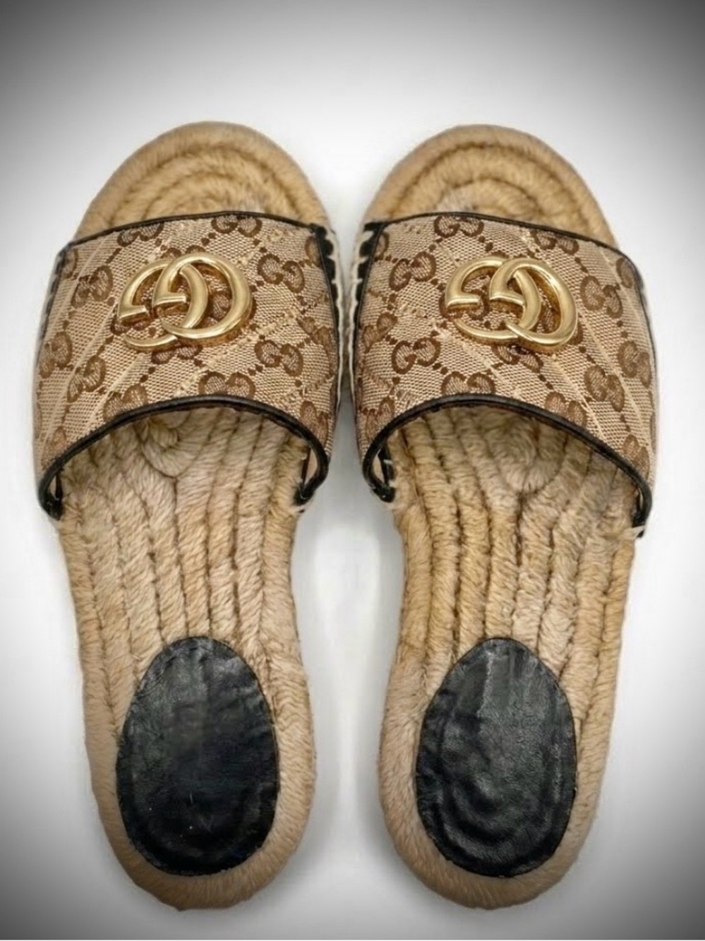 Authentic Gucci Beige Monogram Slide Espadrille with Gold GG - Picture 14 of 15
